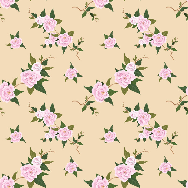 Floral seamless pattern, camellia flowers with branch and leaves on apricot pink background. - Vecteur, image
