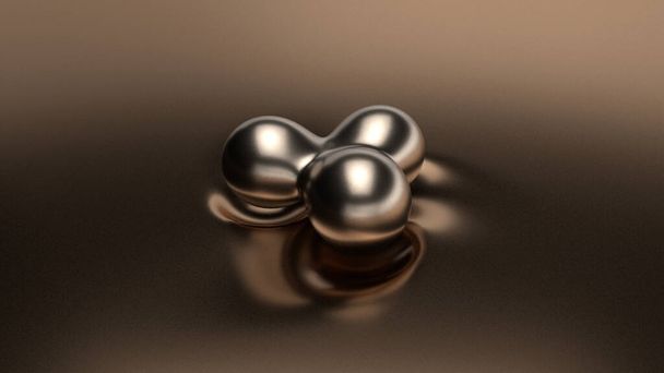 3D weergave van een metalen vloeibare achtergrond met bronzen druppels die er overheen vliegen. Druppels zweven in een magnetisch veld en fuseren met elkaar en beïnvloeden het oppervlak. Achtergrondafbeelding voor het bureaublad. - Foto, afbeelding