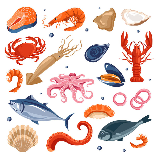 Fish and lobster, fresh seafood, crab and prawn or shrimp vector. Squid and salmon, oysters and mollusks, octopus tentacles, restaurant or cafe menu. Dishes and meals of underwater sea animals - Vektör, Görsel