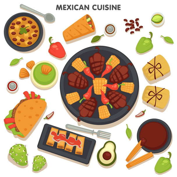 Kokoelma perinteisiä meksikolaisia ruokia reseptejä ja aterioita. Jälkiruoat ja alkupalat, taco mausteisilla ainesosilla, vihanneksilla ja lihalla lautasella. Burrito ja avokado voileipä, vektori tasainen tyyli
 - Vektori, kuva