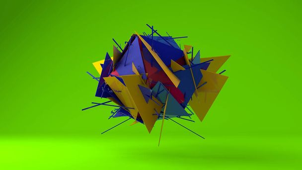 3D renderowanie abstrakcyjnego wielościanu. Ciało Platona jest rozdarte. Fragmenty polihedronu są losowo rozmieszczone w przestrzeni.. - Zdjęcie, obraz
