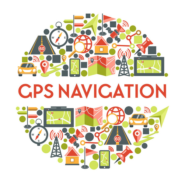Mapy, umístění a navigace izolované ikony, kartografie a topografie vektor. GPS, aplikace chytrého telefonu nebo navigátor, přesný bod. Online vyhledávání směru, satelit a věž, auto a silnice - Vektor, obrázek