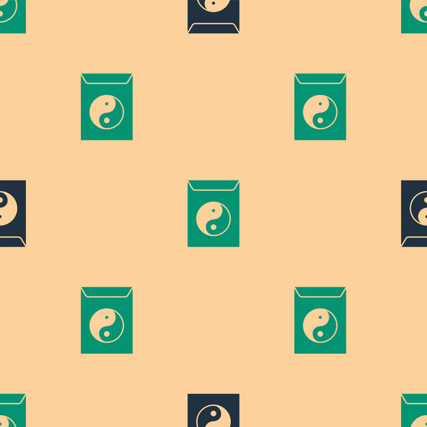 Verde e preto Yin Yang e ícone envelope isolado padrão sem costura no fundo bege. Símbolo de harmonia e equilíbrio. Ilustração vetorial
 - Vetor, Imagem
