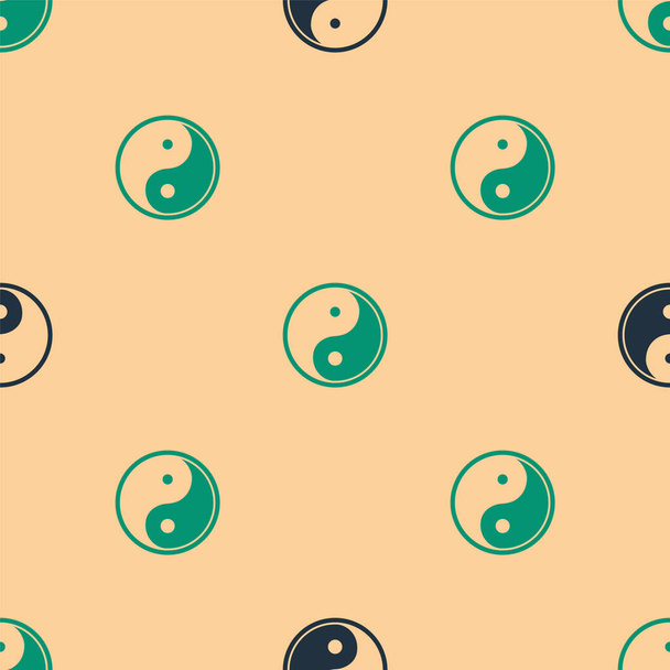 Verde e preto Yin Yang símbolo de harmonia e equilíbrio ícone isolado padrão sem costura no fundo bege. Ilustração vetorial - Vetor, Imagem