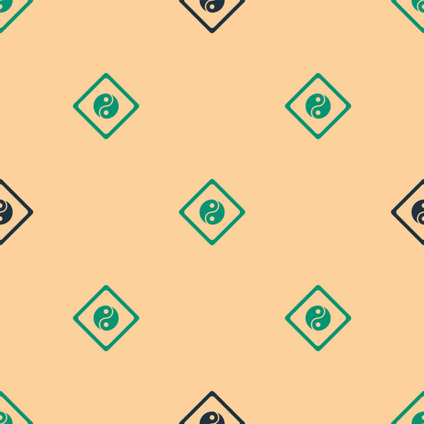 Groen en zwart Yin Yang symbool van harmonie en evenwicht pictogram geïsoleerd naadloos patroon op beige achtergrond. Vector Illustratie - Vector, afbeelding
