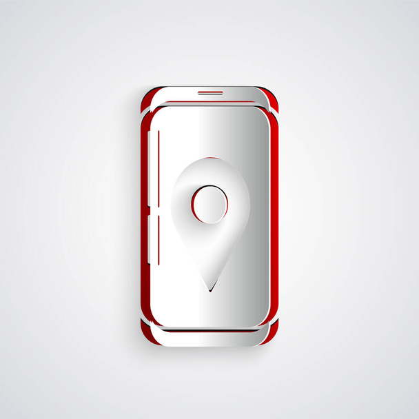 Paper cut Smartphone mobile con icona di monitoraggio della consegna app isolata su sfondo grigio. Tracciamento pacchi. Stile cartaceo. Illustrazione vettoriale
 - Vettoriali, immagini