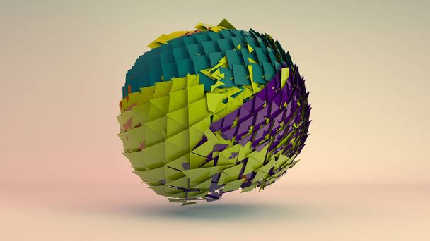 3D απόδοση μιας αφηρημένης μορφής που αποτελείται από πολλά χρωματιστά πολύγωνα, στοιχεία και θραύσματα. Μια σφαίρα κομματιασμένη στο διάστημα.. - Φωτογραφία, εικόνα
