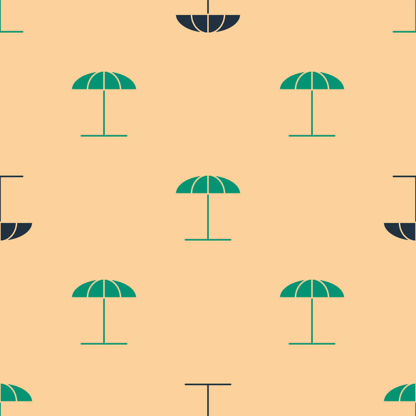 ビーチアイコンのための緑と黒の日保護傘はベージュの背景にシームレスなパターンを隔離しました。屋外空間のための大きなパラソル。ビーチ傘。ベクターイラスト - ベクター画像
