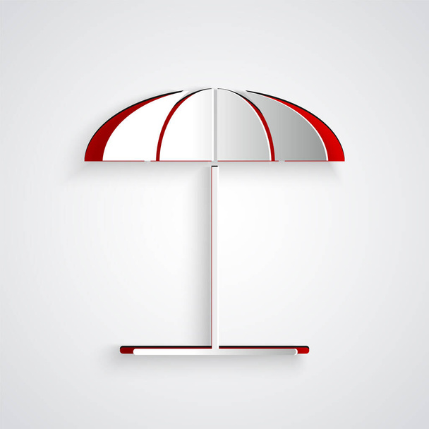 Papírový střih Sluneční ochranný deštník pro plážovou ikonu izolovanou na šedém pozadí. Velký slunečník pro venkovní prostor. Plážový deštník. Papírový styl. Vektorová ilustrace - Vektor, obrázek