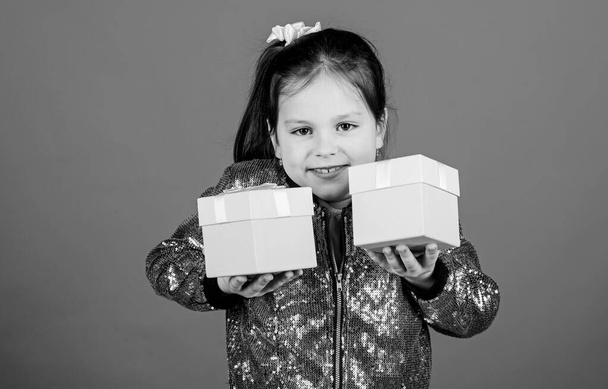 Choose one. Special happens every day. Girl with gift boxes blue background. Black friday. Shopping day. Cute child carry gift boxes. Surprise gift box. Birthday wish list. World of happiness - Photo, Image