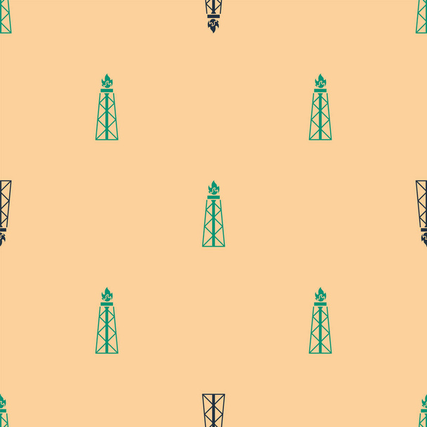 Зеленая и черная нефтяная вышка с иконкой огня изолированы плавный рисунок на бежевом фоне. Газовая башня Промышленный объект. Векторная миграция
 - Вектор,изображение