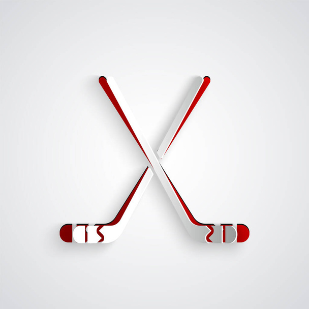 Papier gesneden IJshockeysticks pictogram geïsoleerd op grijze achtergrond. Papierkunst stijl. Vector Illustratie - Vector, afbeelding