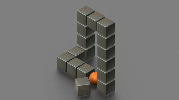 Rendering 3D di una figura impossibile composta da cubi metallici e una singola sfera d'oro. Illustrazione di una figura impossibile, oggetto inesistente, illusione ottica, enigma isometrico
. - Foto, immagini