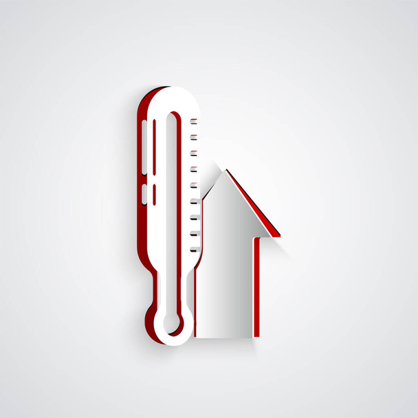 Papírvágás Meteorológiai hőmérő ikon elszigetelt szürke háttér. Hőmérő berendezés, amely meleg vagy hideg időjárást mutat. Papírművészeti stílus. Vektorillusztráció - Vektor, kép