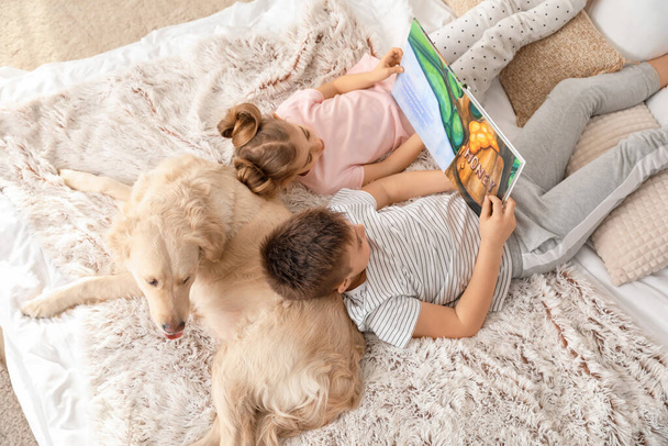 Małe dzieci z książką do czytania psów w sypialni w domu - Zdjęcie, obraz
