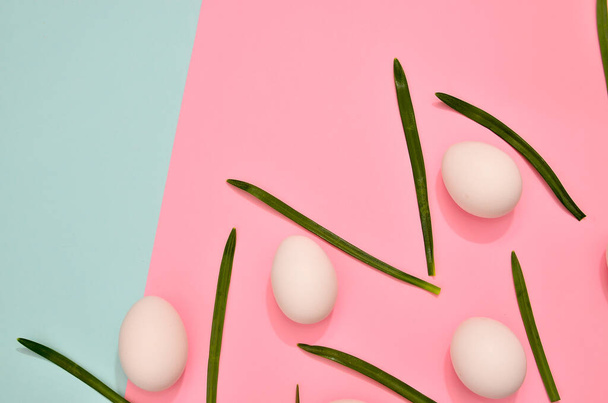 White eggs with green myrtle leaves pattern on mint pink color. Painted eggs on pink background. Easter holiday concept - Photo, image