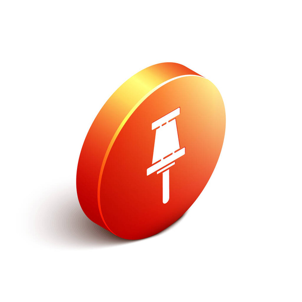 Icono isométrico Push pin aislado sobre fondo blanco. Signo de chinchetas. Botón círculo naranja. Ilustración vectorial - Vector, imagen