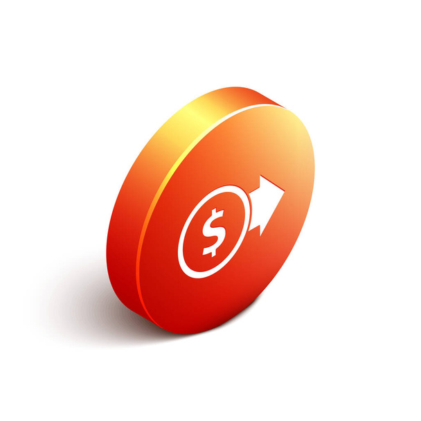 Ισομετρικό κέρμα νομισμάτων με το σύμβολο του δολαρίου απομονωμένο σε λευκό φόντο. Σύμβολο τραπεζικού νομίσματος. Σύμβολο μετρητών. Πορτοκαλί κουμπί κύκλου. Απεικόνιση διανυσματικών φορέων - Διάνυσμα, εικόνα