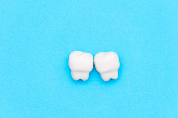 白い歯、色の青の背景にテキストのためのスペース。健康な歯の概念. - 写真・画像