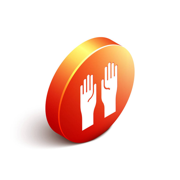 Isometrische Gummihandschuhe Symbol isoliert auf weißem Hintergrund. Handschutzschild aus Latex. Reinigungsgeräte für den Hausgebrauch. Orangefarbener Kreis. Vektorillustration - Vektor, Bild