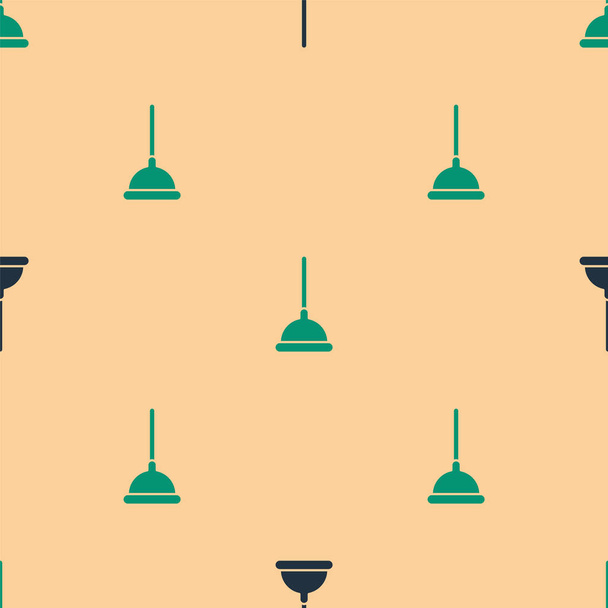 Desatascador de goma verde y negro con mango de madera para limpieza de tuberías icono aislado patrón sin costura sobre fondo beige. Desatascador de inodoro. Ilustración vectorial
 - Vector, imagen