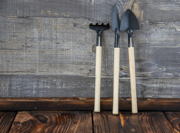 Garden tools, shovels and rakes, stand against the gray wooden wall. equipment for gardening - Foto, Imagen