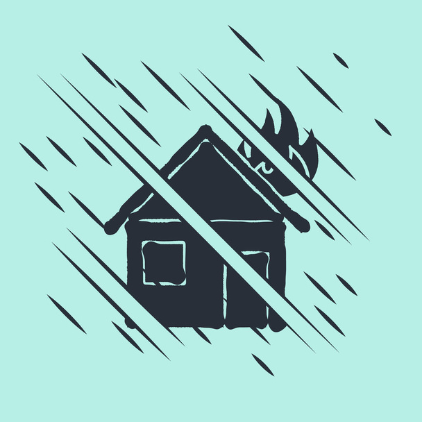 Black Fire in burning house icon isolated on green background. Glitch style. Vector Illustration - Διάνυσμα, εικόνα