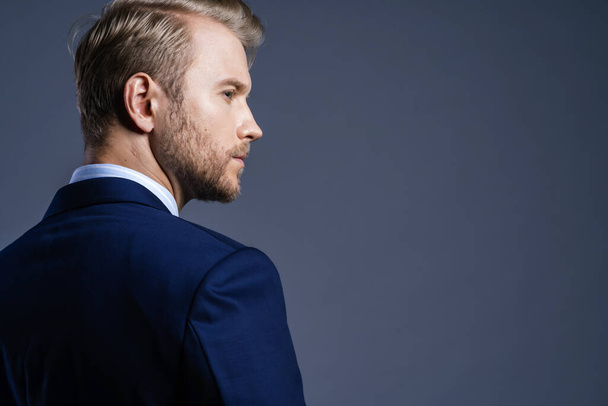 elegance caucasian Successful businessman  with beard close up wear formal suit tie grey background - Фото, изображение