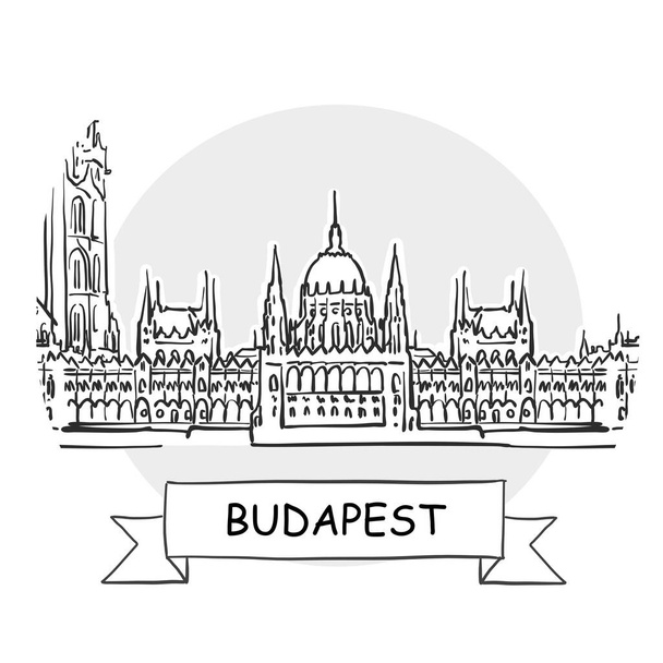 Budapest Cityscape Vector Sign. Line Art Illustration with Ribbon and Title. - Vector, Image