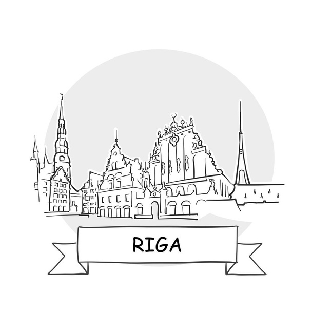Riga Cityscape Vector Sign. Ilustración de línea de arte con cinta y título
. - Vector, Imagen