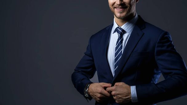 elegance caucasian Successful businessman  with beard close up wear formal suit tie grey background - Fotoğraf, Görsel
