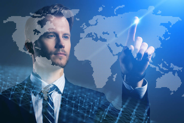businessman caucasian investor hand point virtual world map creativity business globalize ideas concept - Фото, зображення