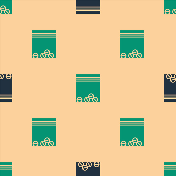 Verde y negro Bolsa de plástico de icono de la droga aislado patrón sin costura sobre fondo beige. Peligro de salud. Ilustración vectorial
 - Vector, Imagen