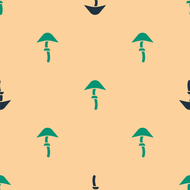 Zielony i czarny Psilocybin grzyb ikona izolowane bezszwowy wzór na beżowym tle. Psychodeliczne halucynacje. Ilustracja wektora - Wektor, obraz
