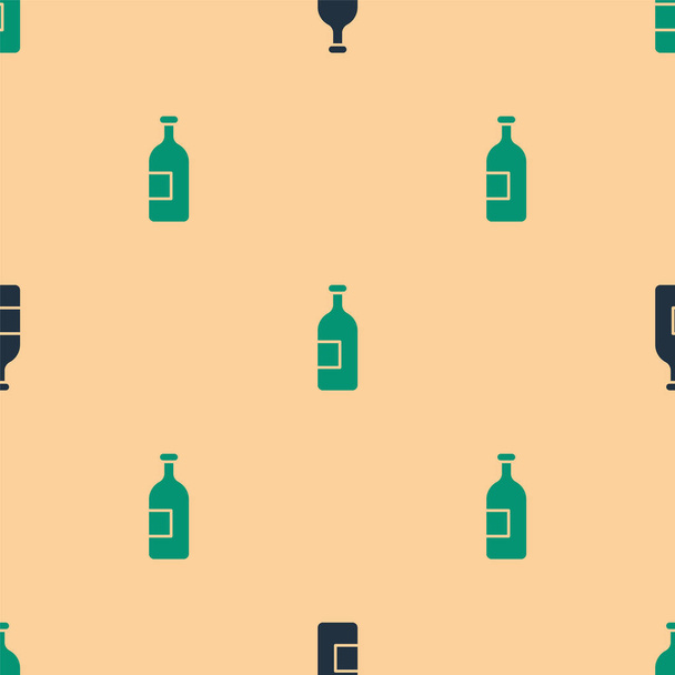 Green and black Alcohol drink bottle icon isolated seamless pattern on beige background. Vector Illustration - Vector, Image