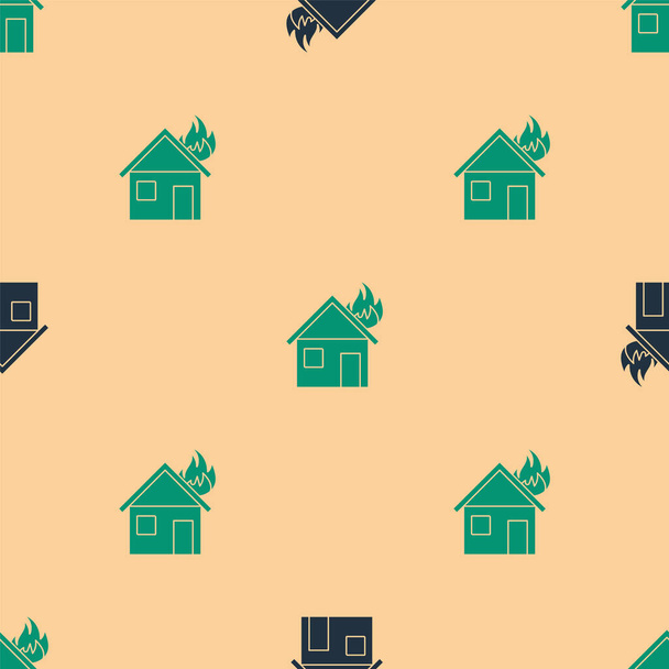 Πράσινο και μαύρο Φωτιά στο σπίτι καύση εικονίδιο απομονωμένη αδιάλειπτη μοτίβο σε μπεζ φόντο. Εικονογράφηση διανύσματος - Διάνυσμα, εικόνα