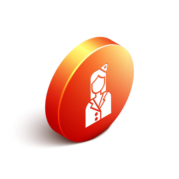 Isometrisches Stewardess-Symbol isoliert auf weißem Hintergrund. Orangefarbener Kreis. Vektorillustration - Vektor, Bild