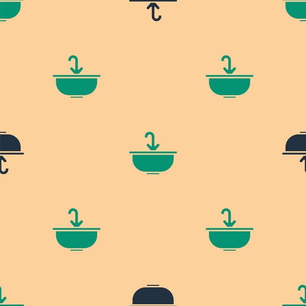 Zielony i czarny umywalka z ikoną kranu wody odizolowany bezszwowy wzór na beżowym tle. Ilustracja wektora - Wektor, obraz