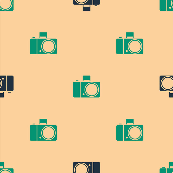 Icône de caméra photo verte et noire motif isolé sans couture sur fond beige. Icône de caméra photo. Illustration vectorielle - Vecteur, image