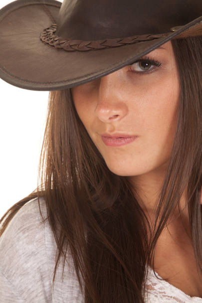 Woman western hat close see one eye - Foto, imagen