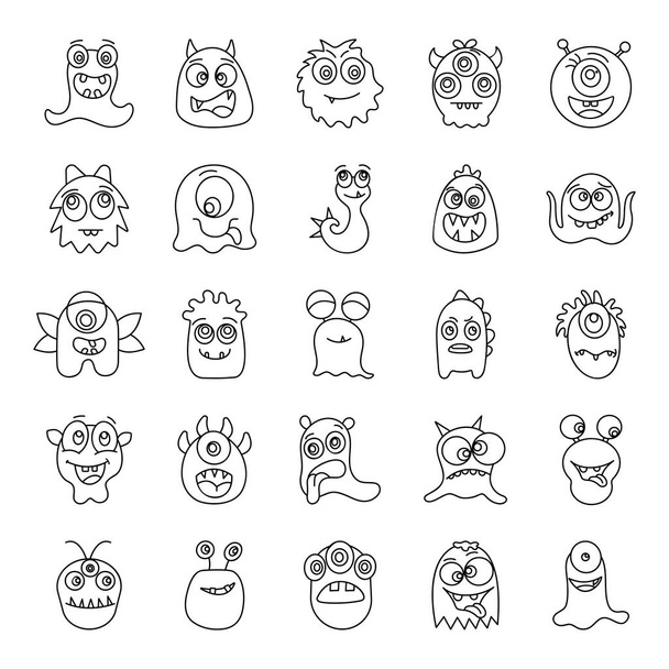 Cute funny monster characters line vectors. Cartoon monsters character icons for print, cards, greetings, invitations and website or mobile apps. - Вектор, зображення
