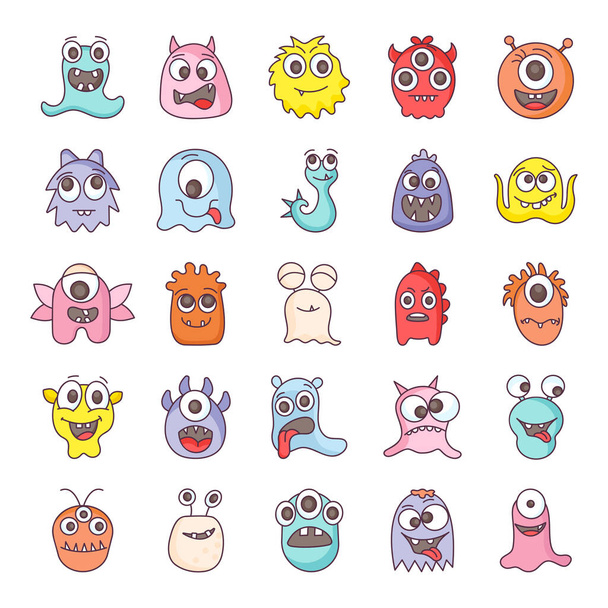 Cute funny monster characters flat vectors. Cartoon monsters character icons for print, cards, greetings, invitations and website or mobile apps. - Vector, Image