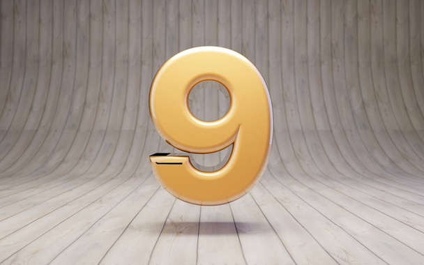 Número 9 dorado en el suelo de madera. 3d renderizado carácter brillante alfabeto de oro
. - Foto, imagen