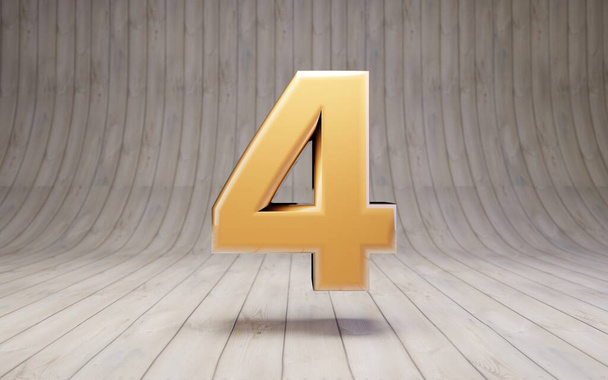 Número dourado 4 no chão de madeira. 3d renderizado caráter alfabeto ouro brilhante
. - Foto, Imagem