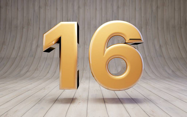 Número de oro 16 en el suelo de madera. 3d renderizado carácter brillante alfabeto de oro
. - Foto, imagen