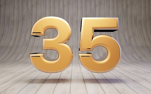 Gouden nummer 35 op houten vloer. 3d gemaakt glanzend goud alfabet karakter. - Foto, afbeelding
