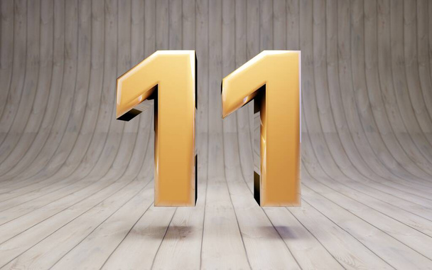 Numero d'oro 11 sul pavimento in legno. 3d reso carattere alfabeto oro lucido
. - Foto, immagini