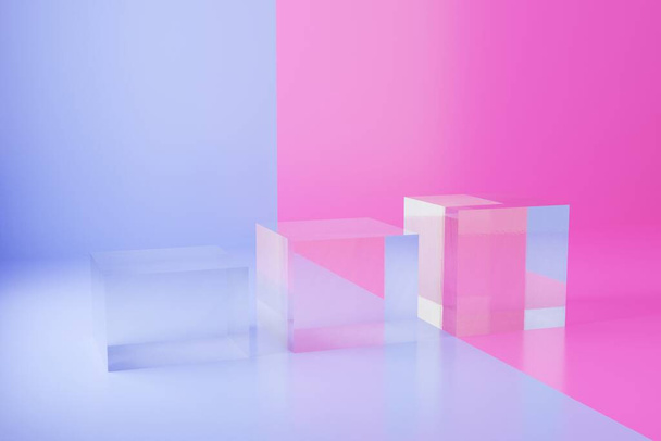 Tre cubi di vetro su sfondo blu e rosa. Scena di studio per la presentazione del prodotto. 3d renderizzato sfondo astratto
. - Foto, immagini