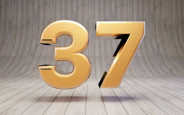 Numero d'oro 37 sul pavimento in legno. 3d reso carattere alfabeto oro lucido
. - Foto, immagini
