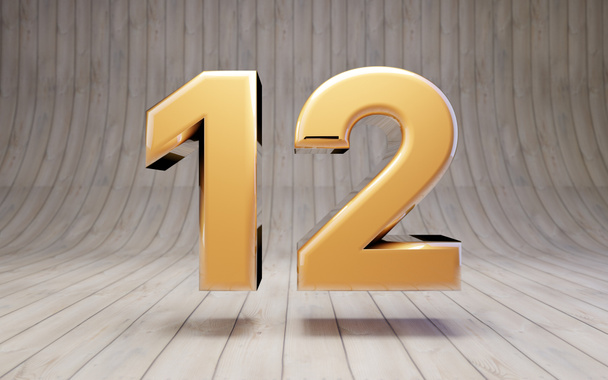 Numéro d'or 12 sur sol en bois. 3d rendu caractère alphabet doré brillant
. - Photo, image
